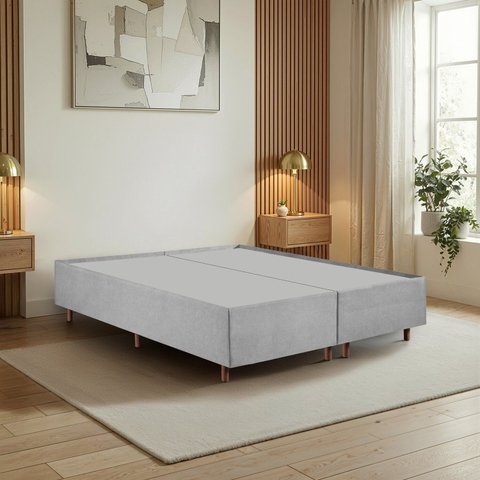 Cama Box Queen Estofada em Madeira Maciça Base Reforçada Santorini Espresso Móveis Cinza/Linho