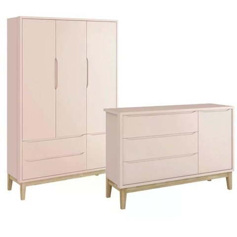 Jogo de Quarto Classic Guarda Roupa 3 Portas e Cômoda Rosa Fosco com Pés Madeira Natural - Reller