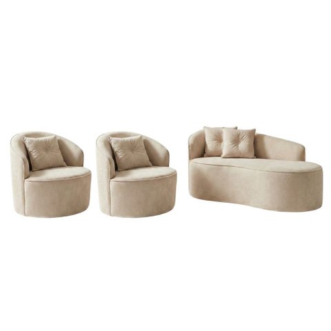 Kit Sofá Orgânico Curvo Feijão + 02 Poltronas Sala Estúdio Amore Bouclê Bege - Vimont Moveis