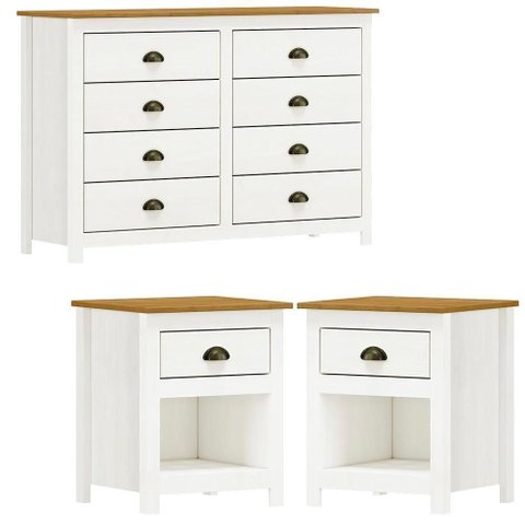 Comoda 8 Gav e 02 Mesas de Cabeceira Madeira Maciça Branco Freijo Milani Store