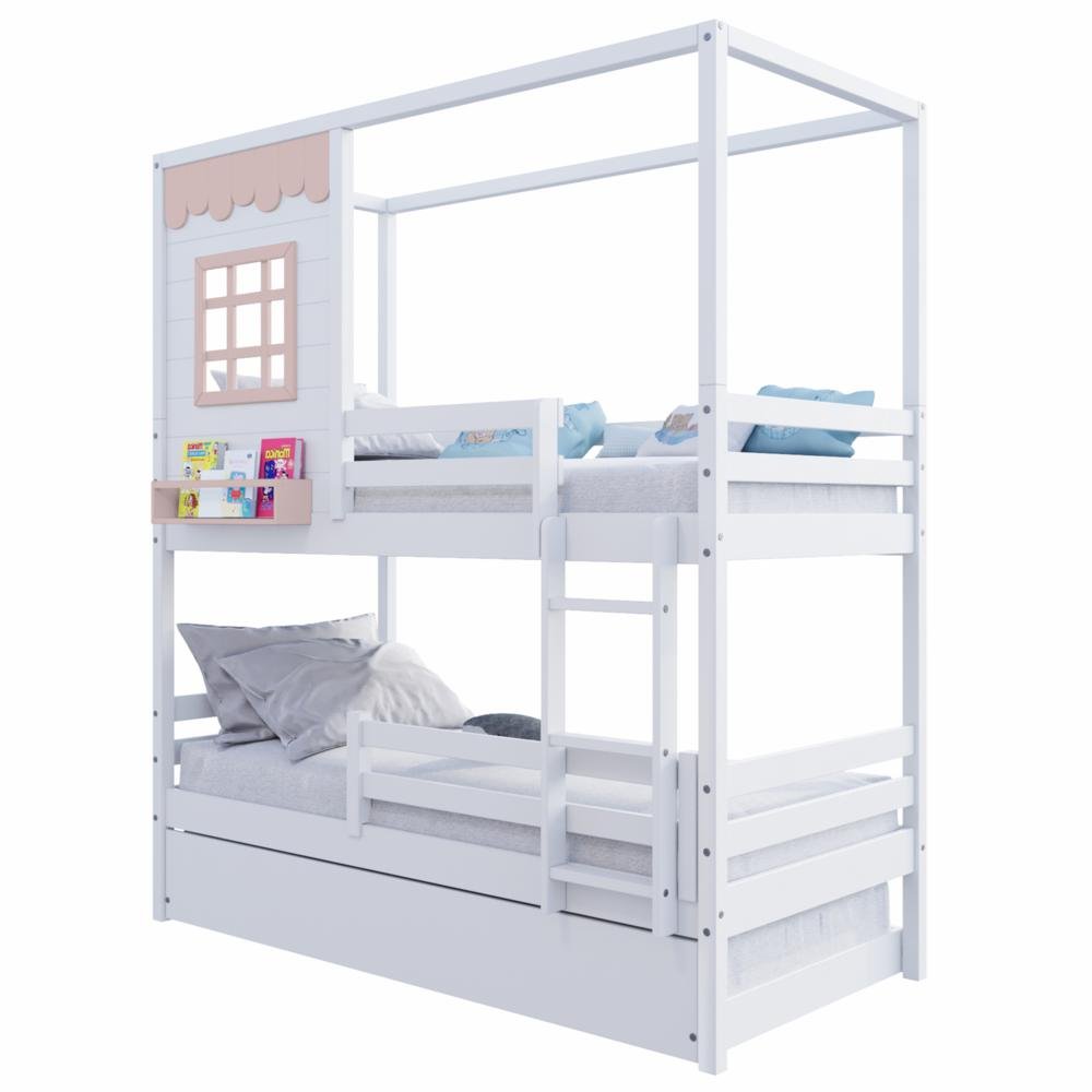 Treliche Casinha Reta com Grade Removível Madeira Maciça Branco/ Rosa