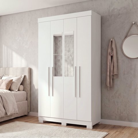 Guarda-Roupa Solteiro 4 Portas, 2 Gavetas, Pés e Espelho Noronha Branco