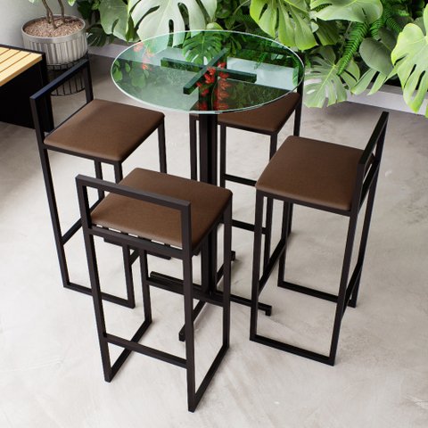 Conjunto Mesa Alta Bar Bistrô Redonda Vidro 4 Banquetas Estofado Industrial Don Castro Decor
