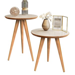 Conjunto Mesa Apoio e Lateral Redonda Pés Palito Classic - Off White com Freijo