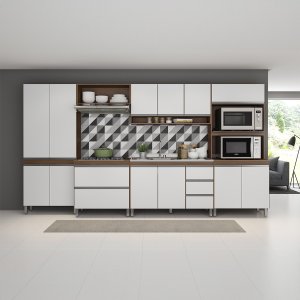 Cozinha Completa Modulada com Balcão Pia Armário Paneleiro Sabrina 360x202cm 6 Peças Mdp Branco Menu