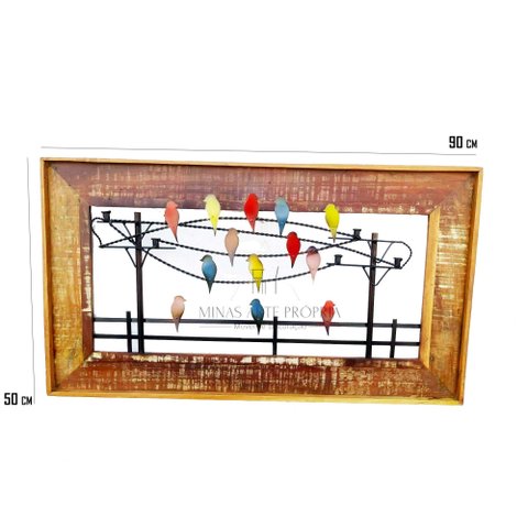 Quadro de Parede Decorativo Pássaros Postes Moldura Madeira Demolição Decoração