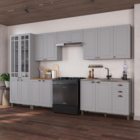 Armário de Cozinha Modulada Completa Fidelitá Nara 100% MDF 6 Peças 360cm 16 Portas 2 Gavetas sem