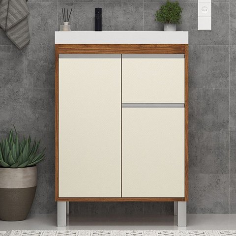 Gabinete de Banheiro 60cm com Lavatório Ref 670 Cewal - Amendoa/off White
