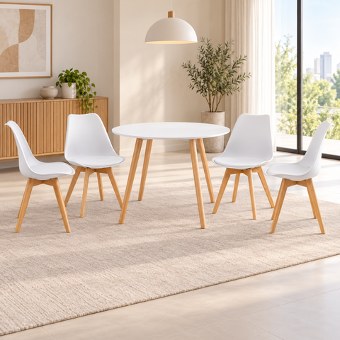 Conjunto de Jantar Mesa Leda 80cm Branca + 4 Cadeiras Leda com Almofada Branca