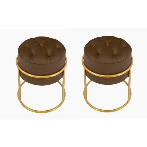 Kit 2 Puff Banqueta Estofado Decorativo Base de Ferro Capitonê Suede Marrom Eli Móveis e Decoração