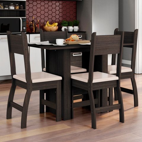 Conjunto de Mesa e 4 Cadeiras para Sala de Jantar Milano Fosco-Poliman - Amêndoa / Savana