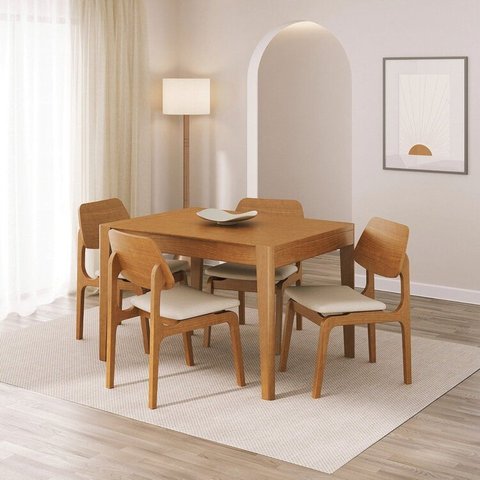 Kit Mesa de Jantar Extensível Retangular Tarsila e 4 Cadeiras Jandaia CabeCasa MadeiraOriginals Bege/Champagne