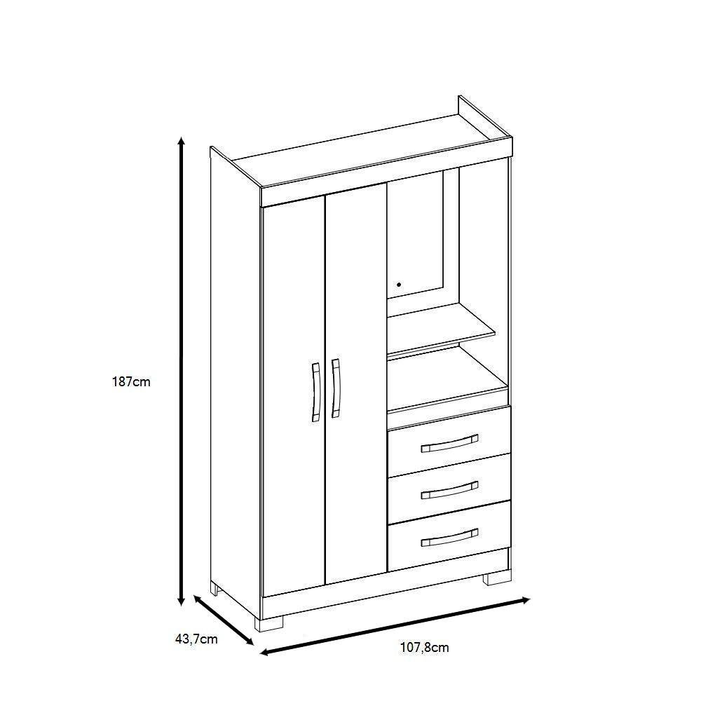 Guarda Roupa Armário Roupeiro Solteiro Espelho 2 Portas 3 Gavetas Cabideiro Quarto Marrom Escuro - 2