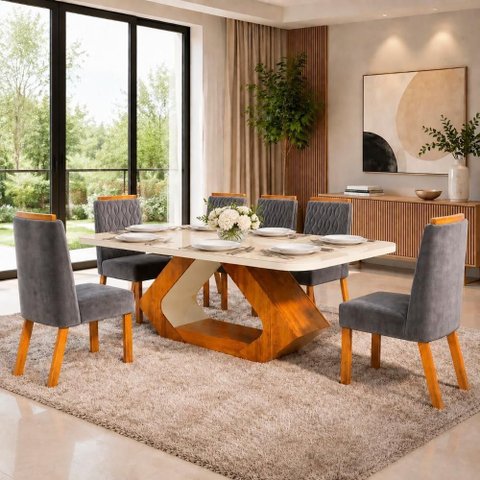 Sala de Jantar Lottus Tampo em MDF e Vidro Cadeiras Cinza 160cm Bom Pastor Móveis