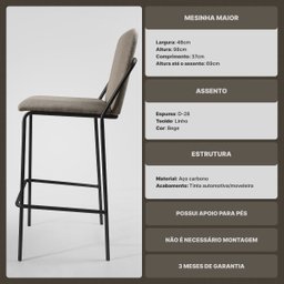 Banqueta Alta Moderna Estilo Industrial na Cor Preta com Tecido Linho Bege - 3