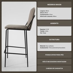 Banqueta Alta Moderna Estilo Industrial na Cor Preta com Tecido Linho Bege - 8