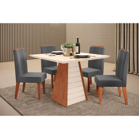 Sala de Jantar Completa Fler C/ Tampo Madeirado C/ Vidro 90x90cm e 4 Cadeiras Lia Freijo/off White