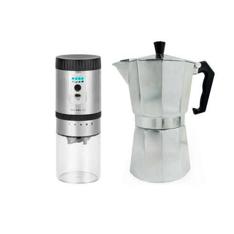 Kit Cafeteira Italiana de Alumínio de 9 Xícaras 450ml e Moedor de Grãos de Café Elétrico Carregament