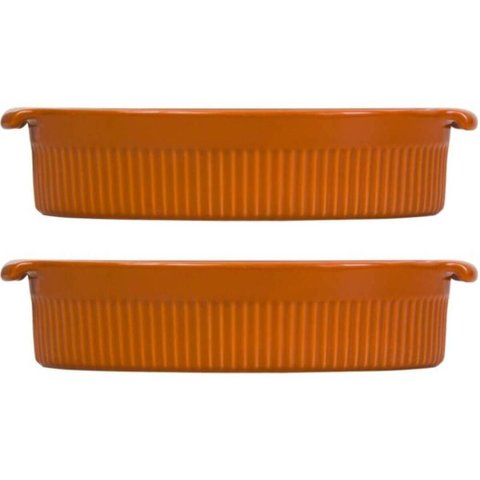 Kit 2 Travessas em Porcelana Refratária 25x16cm Oval Laranja Assar e Servir Germer