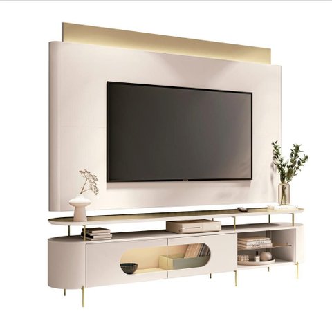 Conjunto Bancada Aria e Painel Nobre Led para Tv até 85” Off White/champanhe
