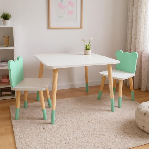 Mesa e 2 Cadeiras Infantil Urso Kit Livro Educativo em Madeira - Verde Claro