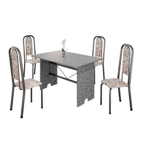 Conjunto de Mesa Tubular Letícia 070 4 Lugares Tampo em Granito Botanic Bege 120cm Tudo de Móveis
