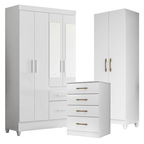 Guarda Roupa com Espelho Infantil Madri com Cômoda Ms913 e Armário Multiuso New Íris Branco Brilho –