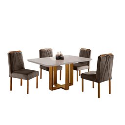 Conjunto Sala de Jantar Madrid 4 Lugares Madeira Maciça Mesa e Cadeiras Veludo Marrom Burguês - 1