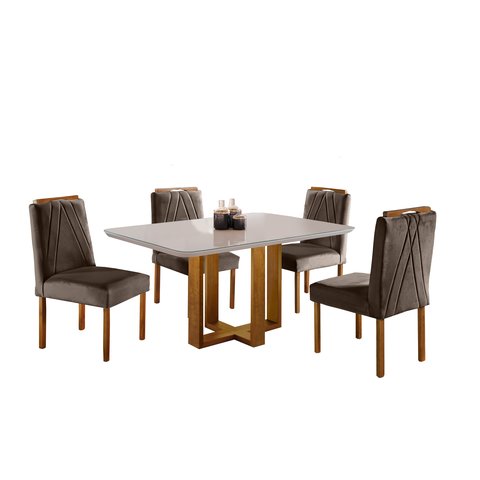 Conjunto Sala de Jantar Madrid 4 Lugares Madeira Maciça Mesa e Cadeiras Veludo Marrom Burguês