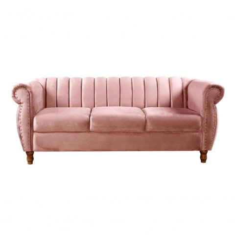 Sofá Realeza 3 Lugares 196cm Fixo Rosê Veludo Estrutura Madeira Bella Decor