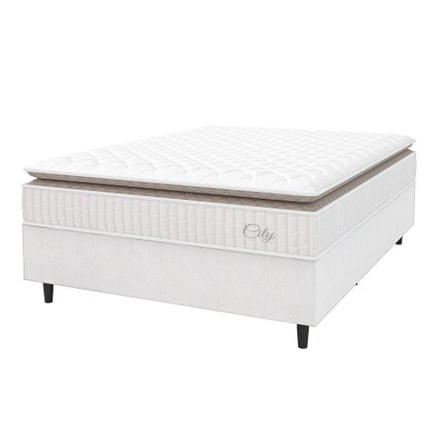 Cama Box Colchão Casal Molas Ensacadas City Pillow Top 138x188x61cm Linho Branco / Bege Hellen