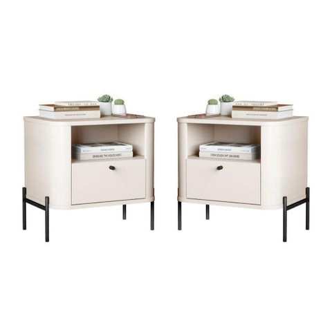 Conjunto Mesa de Cabeceira Malta Off White Preto