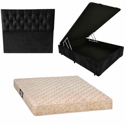 Cama Box Baú Blindada com Colchão de Espuma Toulon D33 + Cabeceira Botonê - Casal Suede Preto