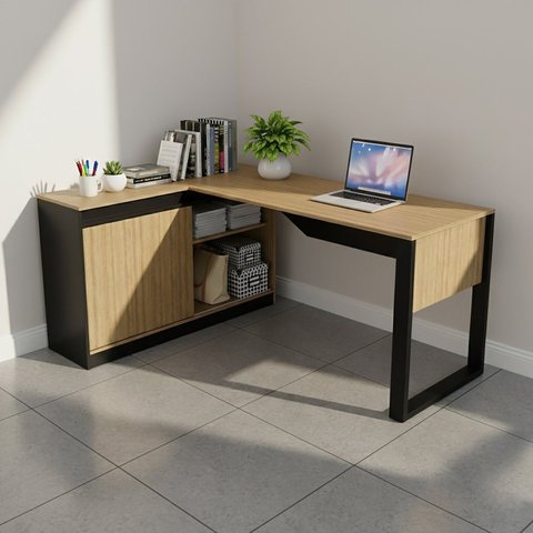 Mesa em L com Nicho Armário e Porta Correr Me4201 118cm Amêndoa E Preto