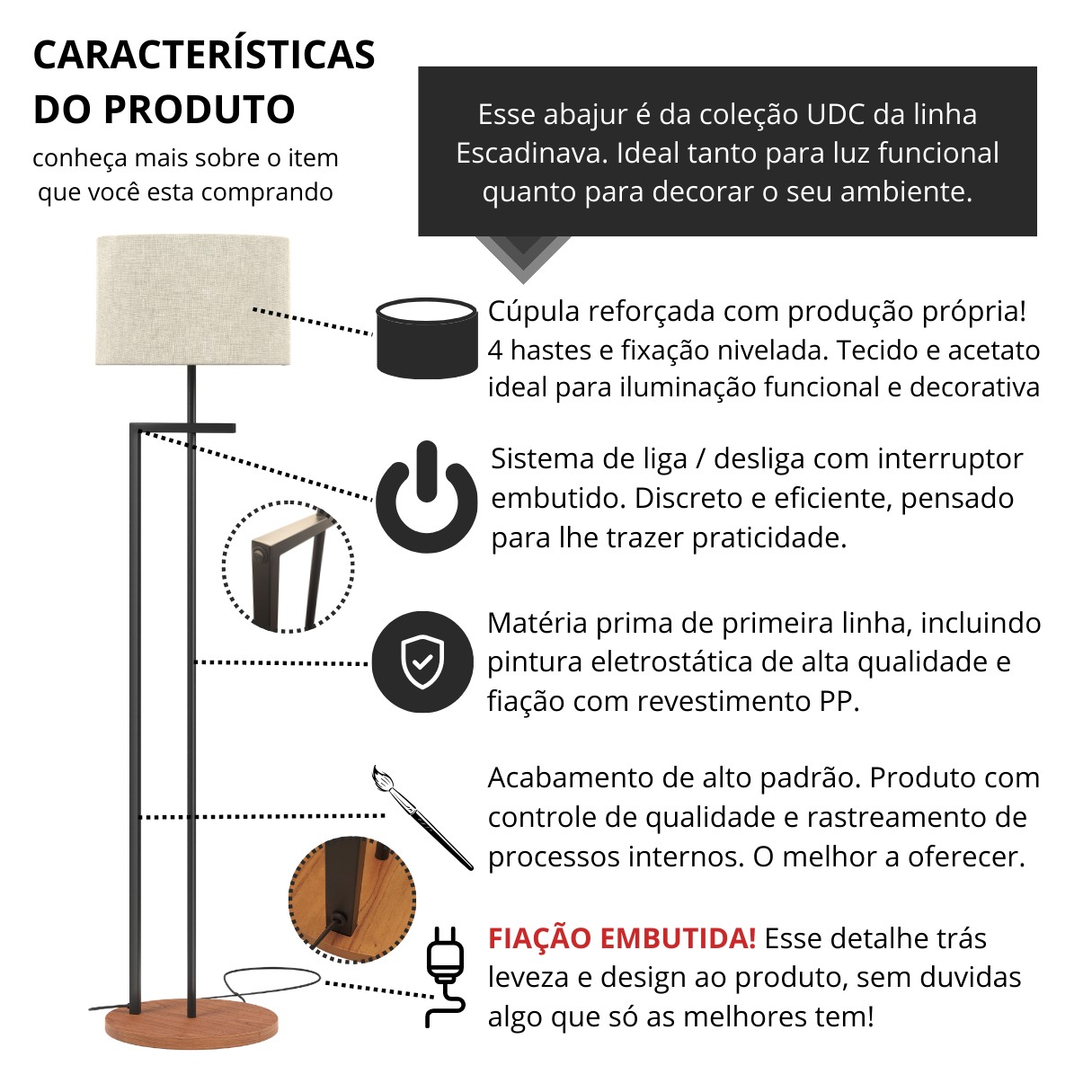 Luminária Decorativa Bivolt Base Aço Preta e Cúpula Palha - 5