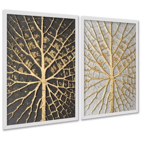 Kit 2 Quadros Árvores Raízes Preto Branco Dourado 24x18cm:moldura Branca