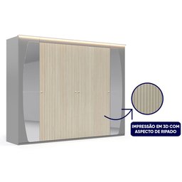 Guarda-Roupa com Espelho e LED 6 Portas Inovação Cinza com Ripado Off White - Gelius Móveis - 3
