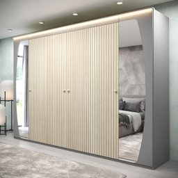 Guarda-Roupa com Espelho e LED 6 Portas Inovação Cinza com Ripado Off White - Gelius Móveis - 2