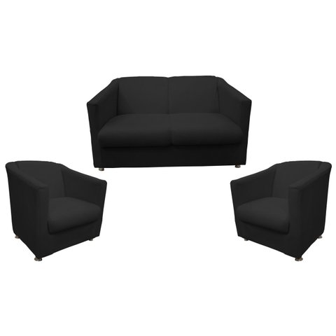 Kit Namoradeira + 2 Poltronas Decorativa Biane Couro Preto Pés Cromado Mz Decor