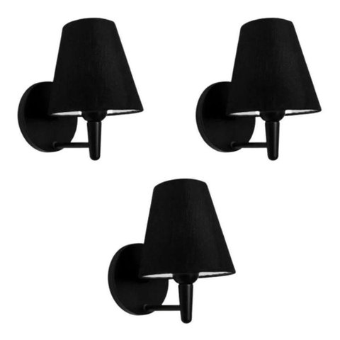 Kit-3 Arandela Cone Md-2004 Base Preto Cúpula em Tecido 14-14x07cm Preto - Bivolt