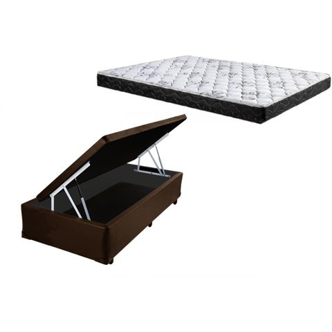 Cama Box Baú Solteiro Conforto Sintético Marrom + Colchão Solteiro Conforto Espuma D23 14x88x188