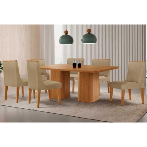 Conjunto: Mesa Sala Jantar Maldivas C/ Tampo Madeirado Canto Curvo 180x90cm e 6 Cadeiras Dakota