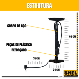 Bomba de Ar Manual para Encher Pneus com Manômetro 2 Bicos Carro Moto Bóias Bike Preto Snel Home - 6