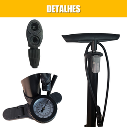 Bomba de Ar Manual para Encher Pneus com Manômetro 2 Bicos Carro Moto Bóias Bike Preto Snel Home - 4