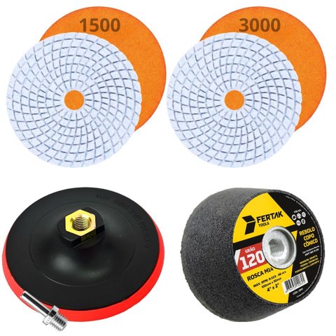 Kit Acabamento Porcelanato com Suporte + Adaptador + Lixa Grão 1500 e 3000 + Rebolo Grão 120