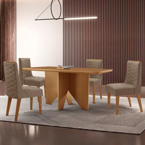 Mesa Evora 120 Mdf Canto Copo e com 4 Cadeiras Safira Veludo Capuccino-naturalle-naturalle