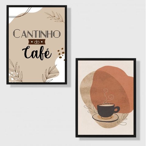 Kit 2 Quadros Cantinho Do Café Abstrato Marrom 24x18cm - com vidro:Madeira preta