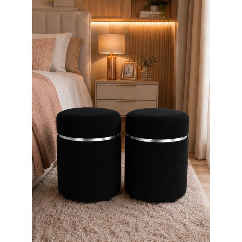Kit de Puff com Cinta Superior Prata Preto Veludo - Let Móveis