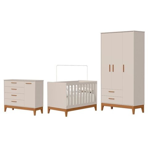 Dormitório Infantil Flip Guarda Roupa 3 Portas, Cômoda 1 Porta e Berço Areia Fosco - Reller Mó