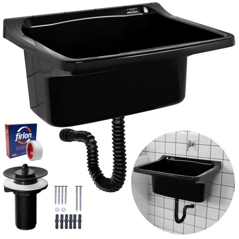 Tanque de Plástico 34l para Lavanderia Preto + Sifão Universal Sanfonado + Fita Veda Rosca